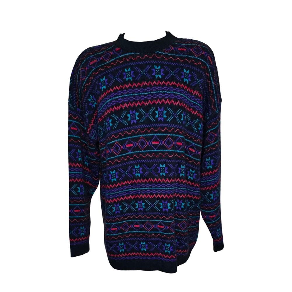 Cuddle Knit Vintage Black Multicolor Sweater Patterned Made In USA Size Petite M